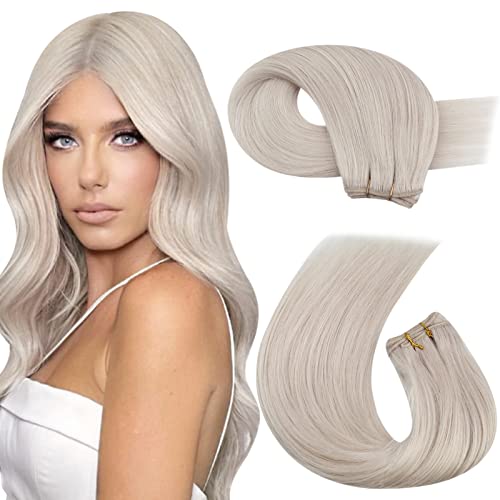 Blonde Weft Hair Extensions Real Human Hair White Blonde Sew in Human Hair Extensions 20 Inch Human Hair Double Weft Extensions 100g/Pack #60A