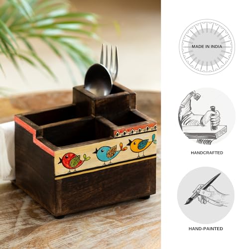 Image of ExclusiveLane 'Flock Of Birds' Cutlery & Stationery Holder (Mango Wood, 5 Partitions) | Handpainted Wooden Cutlery Holder for Kitchen Cutlery organizer Cutlery Holder for Dining Table Cutlery Stand