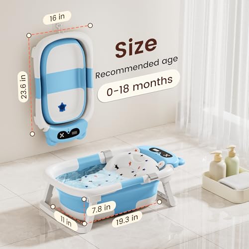 Image of Baby Bathtub,Foldable Baby Bath Tub for Newborn to Toddler (0-18 Months) - Collapsible Infant Tub for Travel with Thermometer, Soft Cushion,Blue