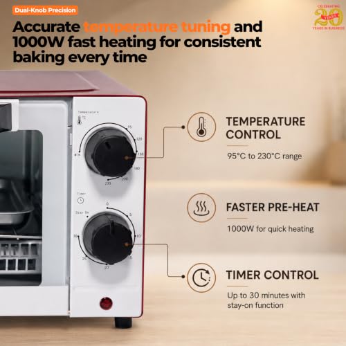 Image of ITALIA 9L Oven Toaster Griller (OTG) - 1000W Electric Oven for Baking, Toasting & Grilling | Top & Bottom Heating, 90C-230C Temp Control, 30-Min Timer with Stay-On, Fits 9-Inch Pizza | Signature Red