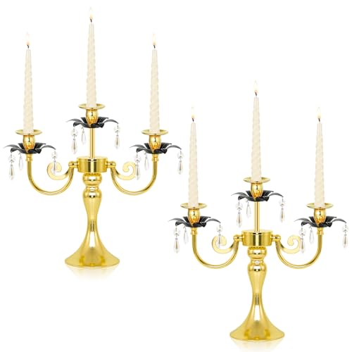Image of 2 Pcs 3 Arm Black and Gold Metal Candelabra with Crystal Pendants - 11.8 Inch Tall Candle Holders, Elegant Taper Candlestick Stand for Wedding, Dining Table, Christmas Party Home Decoration