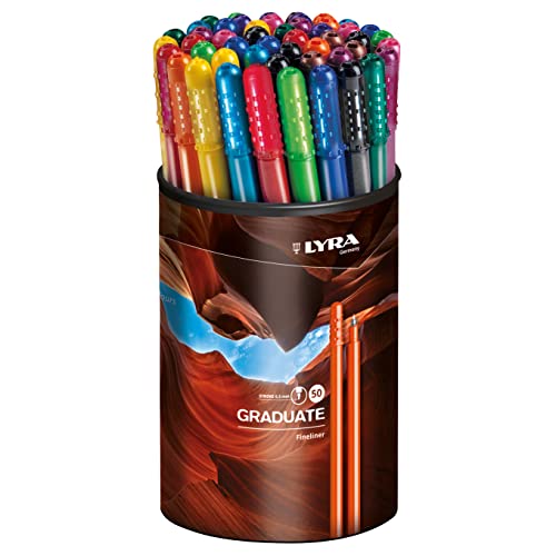 LYRA Graduate Synthetic Fine Tip Fineliner, 12 Assorted Colours, 50 Pieces, Ideal for Students and Schools