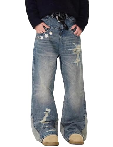 Mens Baggy Skater Jeans Y2k Wide Leg Loose Fit Denim Pants Hip Hop Ripped Jeans for Men