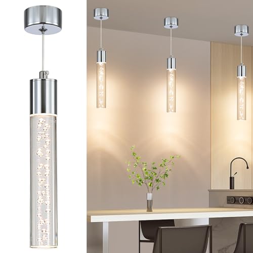 Mikeru Cylindrical Chrome Pendant Light 3 Color Temperature 3000k/4500k/6500k Kitchen Island Pendant Light Modern Acrylic Ceiling Pendant Lights for Cafe Study Dining Room 3 Pack