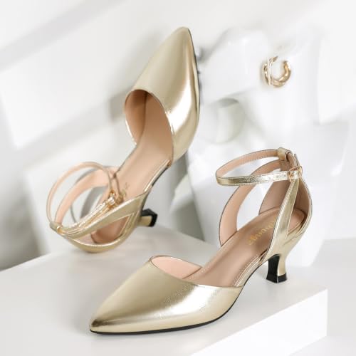 Image of RIBONGZ Comfortable Kitten Heels for Women Pointed Closed Toe Ankle Strap Buckle Heels Slip on Low Heel Church Pumps Wedding Bridal Party Dressy Shoes