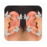 KAZIPA Butterfly Ear Cuffs Earrings with Fake Diamond and silver plating for Women,Rhinestone Butterfly Ear Wrap No Piercing Ear Cuff Clip On Earrings for Renaissance Costume,Rave Outfits,Tea Party Dresses,Birthday Dress(Silver)
