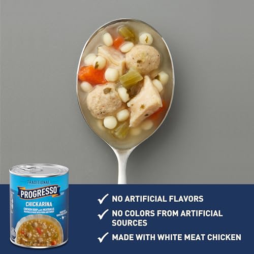 Image of Progresso Traditional Chickarina Canned Soup, 19 oz | White Meat Chicken, Pearl Pasta, Tiny Pork & Turkey Meatballs, 120 Calories per Serving, No Artificial Flavors or Colors
