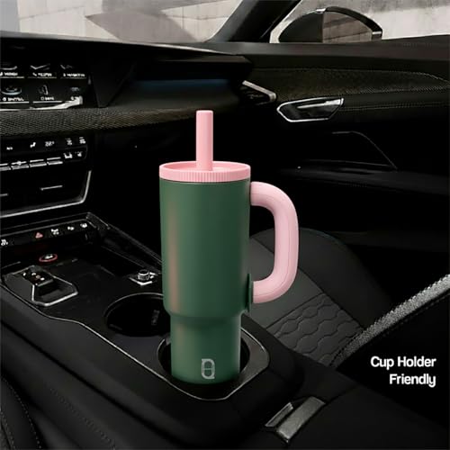 Image of House of Quirk 1200ml Stainless Steel Tumbler with Handle, Straw & Straw Cap | Leakproof Water Bottle | Large Capacity Travel Mug (Strawberry Matcha)