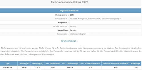Foto von Tiefbrunnenpumpe Brunnenpumpen sandverträglich Edestahl 6300l/h 230V 800 W 90 mm