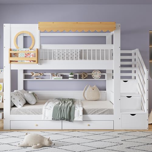 Dolamaní Cama infantil litera, 90 x 200 cm, litera para 2 niños y 2 cajones con ruedas, cama de casa con espacio de almacenamiento, escalera de madera de pino MDF, cama para niñas (sin colchón