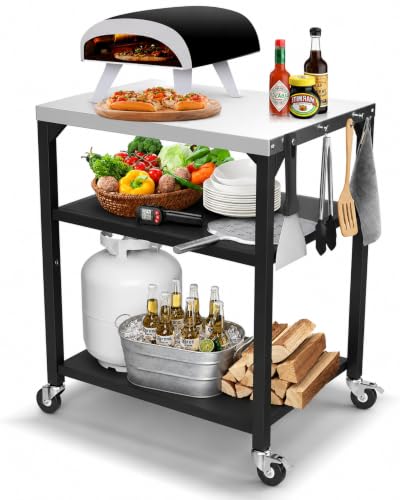 Image of Hisencn 3-Tier Pizza Oven Table, Stainless Steel Outdoor Grill Prep Cart