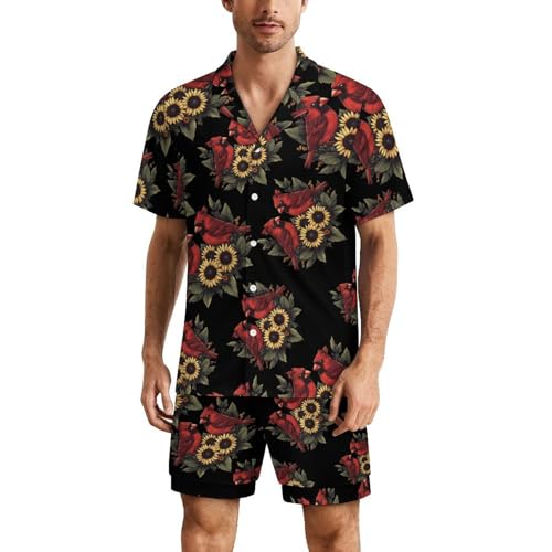 Cardinal Bird Sunflower Floral Mens Pajamas Set Short Sleeve Sleepwear Summer Pjs Sets 2 Piece Loungewear Nightwear
