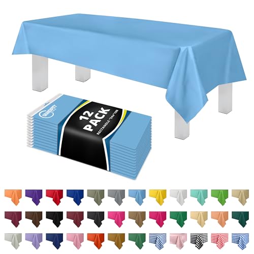 Image of Grandipity Plastic Table Cloth Disposable 12 Pack 54 inch x 108 inch Rectangle | Sky Blue Plastic table covers, durable disposable tablecloths, fade and tear-resistent table cover for party, event