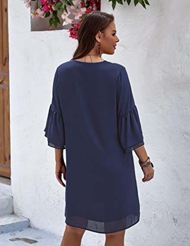 Hotouch Womens 2023 Summer Bell Sleeve Shift V Neck Loose Short Casual Ruffle Party Above The Knee Dress Navy Blue, Large #TOP6