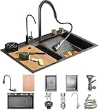 Wasserfallspüle Wasserfallspüle Küchenspüle zur Aufstellung auf der Arbeitsplatte Edelstahl-Einzelbecken Barspüle Multifunktions-Arbeitsplatzspüle Schwarze Spüle mit ausziehbarem W