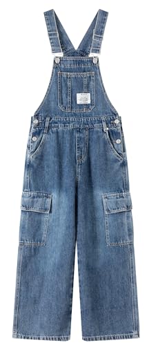 KIDSCOOL Big Girls Cargo Denim Overalls Kids Wide Leg Jean Jumpsuit 6-14T
