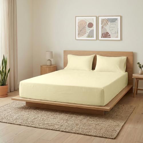 Image of Blue Dahlia 100% Cotton, King Size /Double, Bedsheet (108 inch x 108 inch) + 2 Pillow Covers, Percale Weave, 200TC Solid Premium Bedsheet, Colour: Yellow
