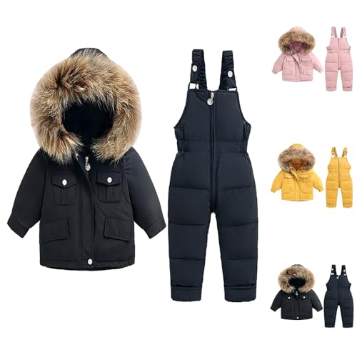 Baby Boys Girls Snowsuit Toddler Winter Hooded Furry Down Boys Girls Jacket Coat Ski Bib Pants Warm Thick Outwear