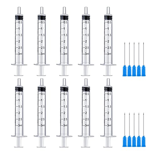 10 Pack 3ml/cc Plastic Syringe with Needle, Liquid Measuring Syringe Tools Individually Sealed with Measurement for Scientific Labs, Measuring Liquids, Feeding Pets, Oil or Glue Applicator (3ML)
