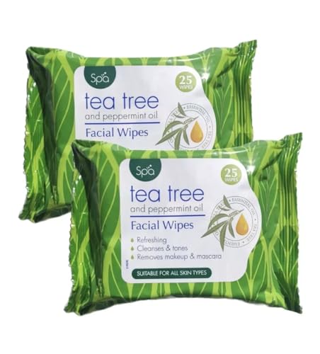 Tea Tree and Peppermint Oil Facial Wipes, Refreshing, Cleanses and Tones, Removes Makeup and Mascara, Suitable for All Skin Types 2 Packs of 25 (50 Wipes)
