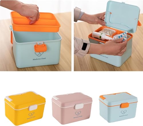 Image of Sakar Plastic Medical Storage Organizer with Handle, Double Layer First Aid Medicine Box with Multiple Compartments, Portable Utility Case for Home, Office, Travel, Car & Family Use