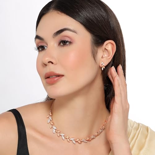 Image of Nilu's Collection Rose Gold Plated American Diamond Floral Leaf Necklace Set with Matching Drop Earrings For Women And Girls | Anti-Tarnish | Anti-Allergy | Office Wear