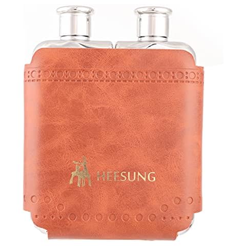 Heesung Double Hip Flasks, 18/8 Stainless Steel Whiskey Flask with Leather Liquor Flask Holder,Portable Whiskey flask with funnel (Tree grain brown) Cover