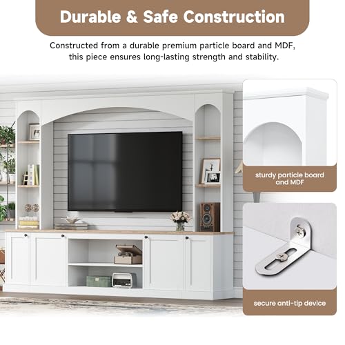 Image of JIJIWANG 91 inch Arched Entertainment Center with Bookshelf for TVs Up to 70 inch, Large Wall Unit Tv Stand with Storage Adjustable Shelves Doors for Living Room White