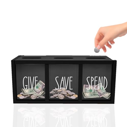 Wooden Give Save Spend Money Saving Box for Kids, Visualized Countertop Wall Mount Kid Piggy Bank for Daily Cash Bills and Coins, Cultivate Money Saving Spend Bank Money Saving Box for Bills and Home