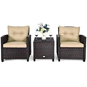 COSTWAY 3-TLG. Rattan Gartenmöbel Set, Polyrattan Sitzgruppe, 2 Sessel & 1 Beistelltisch, Balkonmöbel Bistroset Gartengarnitur, Gartenlounge Gartenset inkl. Glasplatte & Sitzkissen, Braun