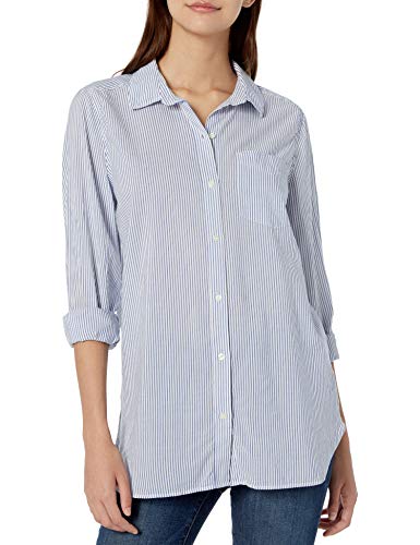 Amazon Brand - Goodthreads Women's Lightweight Poplin Long-Sleeve Button-Front Tunic Shirt, White/Blue Stripe, Small