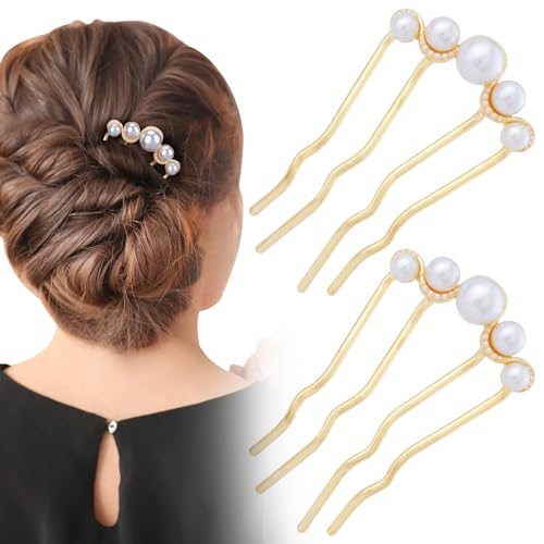 Alpinleux 2 Pcs Pearl Hair Pins U Shaped, Elegant Vintage French Pearl Hair Comb, French Twist Hair Pin for Brides, Bridesmaid, Party, Daily, Holiday (Gold)