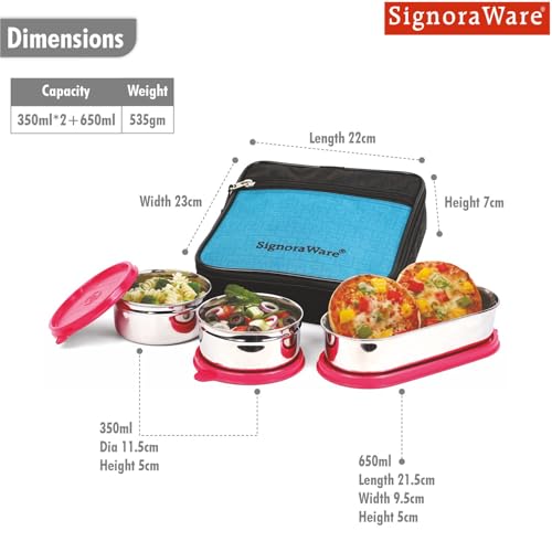 Image of SignoraWare Health Bite Stainless Steel Lunch Box | Airtight & Leakproof | Compact & Easy to Carry | Ideal for Meal Prep, Travel & Everyday Use (350ml x 2 + 650ml | Set of 3 | Red)