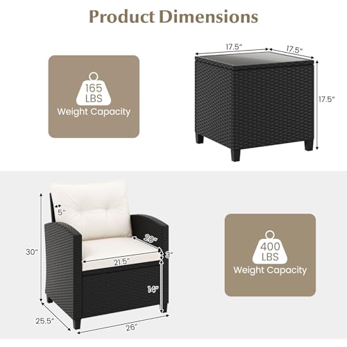 Image of Tangkula 3 Piece Patio Furniture Set, Rattan Conversation Set w /Soft Seat & Back Cushions, Tempered Glass Topped Coffee Table, Cushioned Wicker Seating Set for Backyard, Porch, Poolside (Off White)