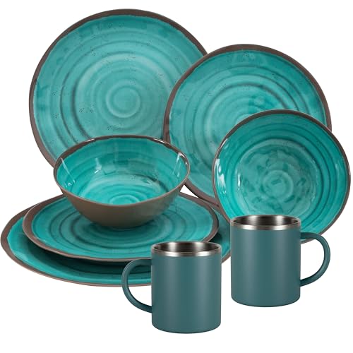 Melamin Geschirr Set Türkis für 2 Personen 8 Teile mit Edelstahl Thermo Tassen doppelwandig - Tonoptik Essgeschirr - Campinggeschirr Picknick ideal für Camping modern Outdoor