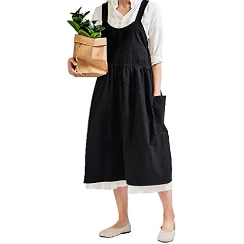 Women Retro Literature Art Cotton Linen Cross Back Apron Flower Shop Clothing Cafe Kitchen Cooking Casual Apron (Black) Cover
