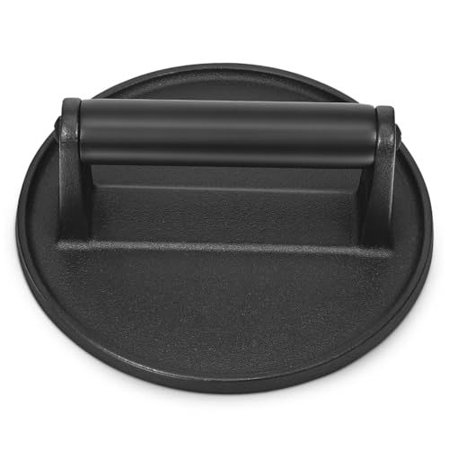 Cabilock Cast Iron Burger Press Heavy Duty Round Meat Smasher with Comfortable Handle for Griddle Cooking Versatile Kitchen Tool for Pressing Burgers Bacon and More