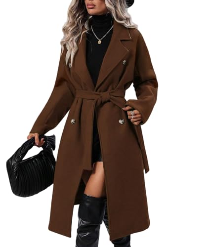 LIUYUYOUGO Manteau Femme Hiver Laine Trench Coat Long Croisé Pour Femme En Laine Mélangée Col Cranté Classique Coupe Cintrée Élégante Ceinture Veste...