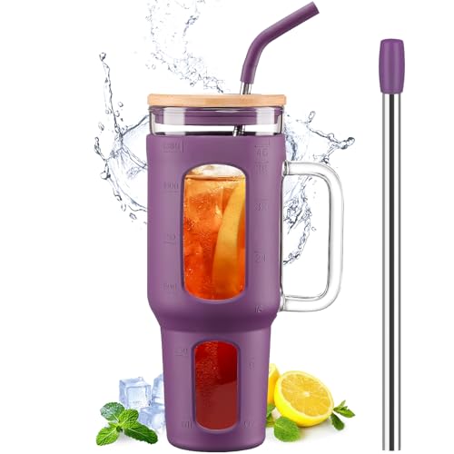 BLUEGO Gobelet en verre avec couvercle, 1400ml Tasse à café glacé avec poignée, Bouteilles d'eau avec manchon en silicone, Mug de 1,4 L avec 2 pailles,...