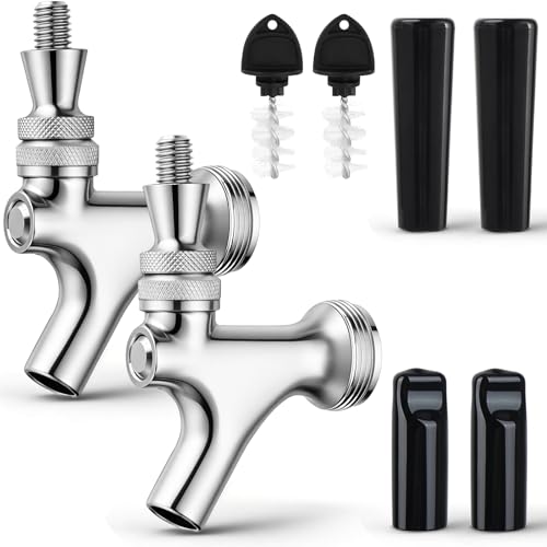 Standard Beer Faucet 304 Stainless Steel Core Beer Tap Faucet for Kegerator Tower Beer Keg Tap Dispenser System Beer Shanks Smooth Pouring Polished Draft Beer Tower Faucet with Dust Plugs Brush(2PCS)