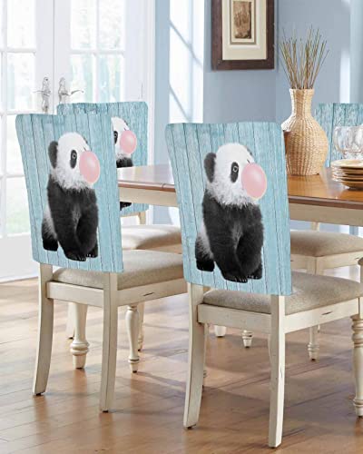 Gredice 4 Pcs Dining Chair Slipcovers Animals Panda Pink Bubble,Removable Chair Back Covers Blue Retro Wood Board Chair Protector For Home Kitchen Dining Room Holiday Party Decor #TOP1
