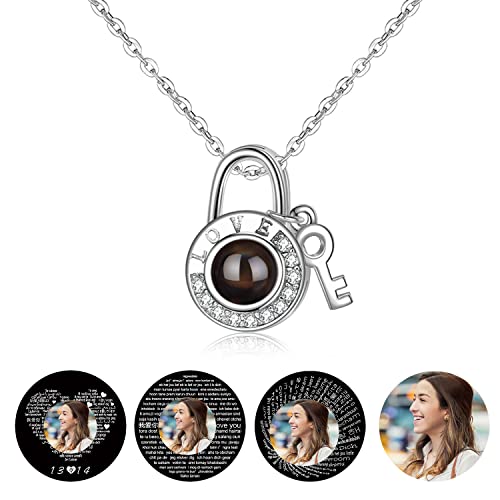 Plumeria Rubra Personalized Projection Necklace, I Love You Custom Photos Necklace in 100 Languages, 925 Sterling Silver Pendant Necklace, Women Personalized Custom Gifts (Silver)
