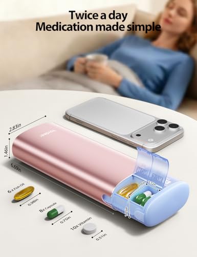 Image of Vaydeer Metal 7 Day Pill Organizer 2 Times a Day - AM PM Weekly Travel Pill Case with Moisture-Proof Desiccant, Airtight Large Capacity Pill Box for Vitamins, Medications & Supplements (Rose Gold)
