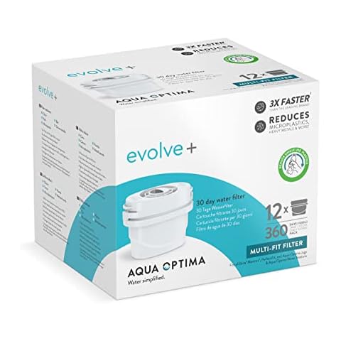 Aqua Optima Water Filter Cartridges, Evolve+ 12 Pack, Fits Brita Maxtra+ and PerfectFit Jugs, 5 Stage Filtration System Reduces Chlorine, Limescale & Other Impurities, 12 Months Supply Cover