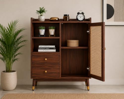 Image of Space Galaxy Sheesham Wood Chest of Drawer with Cane Rattan Door | Wooden Sideboard with 2 Drawers & Open Shelves | Storage Cupboard Organizer for Living Room & Home Furniture | Provincial Teak Finish