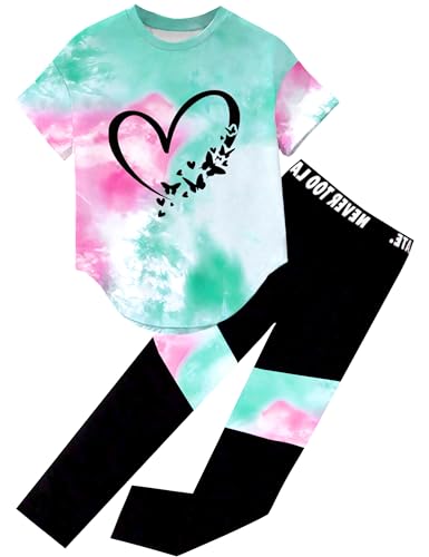 Girls 2 Piece Outfits Toddler Girl Clothes Print Sweatsuits Short Sleeve Shirt Leggings Pants Athletic Tracksuits Causal Kids Clothing Sets Spring Summer Fashion Jogging Lounge Set Green Size 8-9