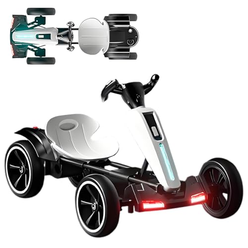 RIDEONMOP Go Kart Eléctrico Plegable 6V para Niños, Go-Kart a Pedales con Modos de Marcha Atrás, Drift Go Cart Asiento Ajustable, Música, Luces, Arranque Lento, Correpasillos para Niños Niñas,Blanca