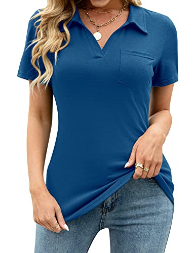 AKEWEI Womens V Neck Polo Shirts Short Sleeve Collared Tops Loose Casual Tunic Blouses with Pocket Blue XL