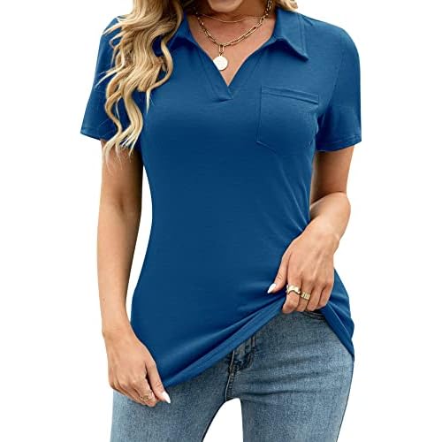 AKEWEI Womens V Neck Polo Shirts Short Sleeve Collared Tops Loose Casual Tunic Blouses with Pocket