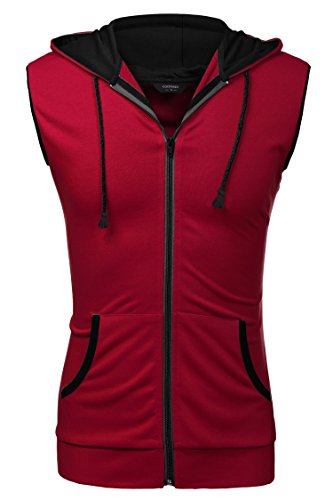 Coofandy Mens Casual Sleeveless Hoodie Zip Up Vest with Pockets, Small, Red